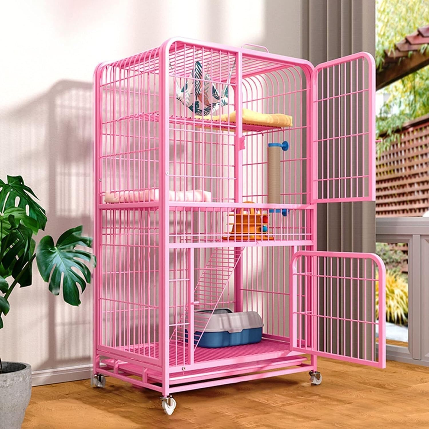 4-poziomowa klatka metalowa – do użytku wewnątrz i na zewnątrz(Pink,Combo 1-78 * 55 * 138cm)