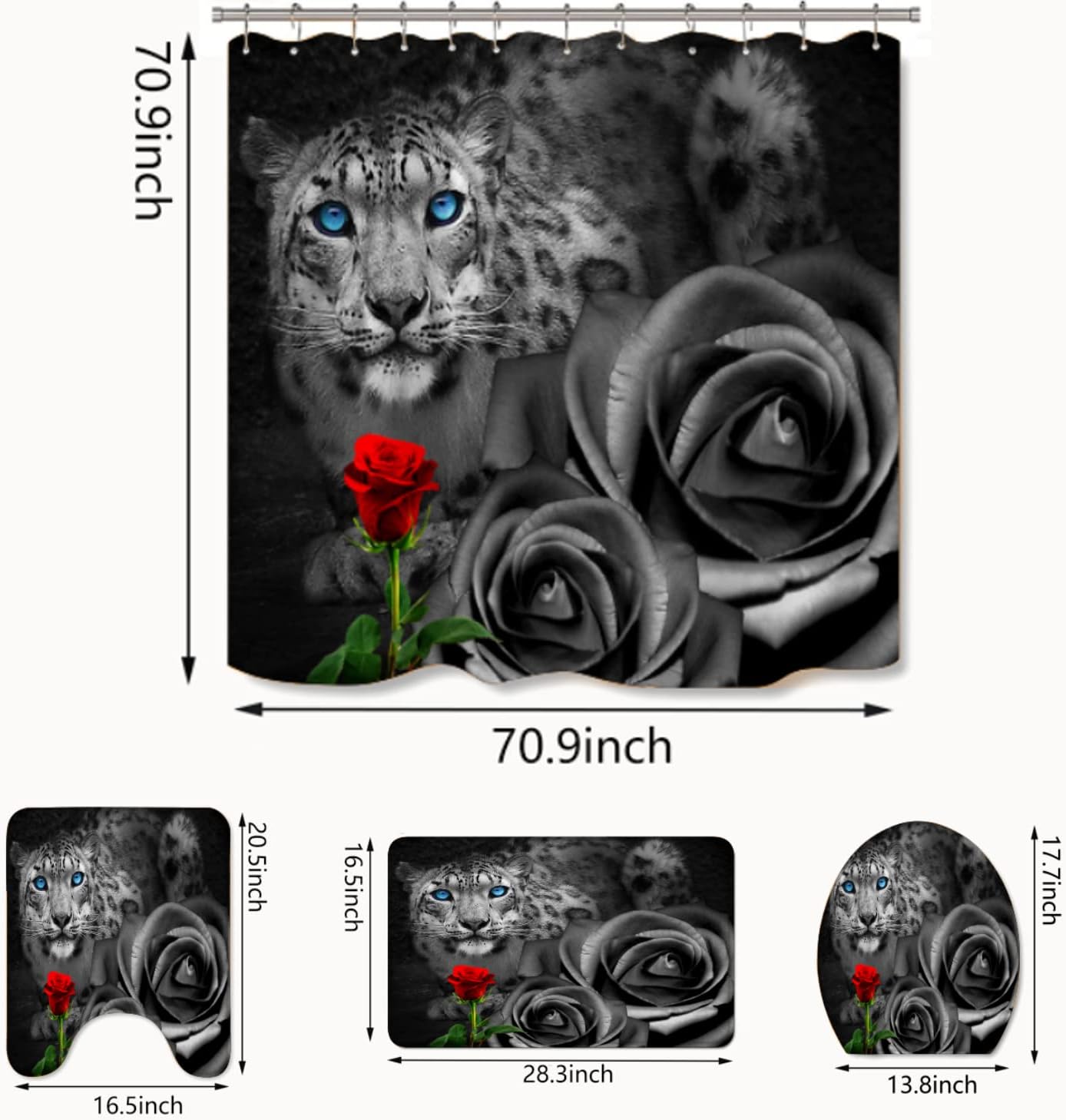 4 Piece Tiger Red Rose Shower Curtain Set, Includes Extra Large Floor Mats, U-Shaped Mat, Toilet Seat Cover, Ocean Shower Curtain with 12 Hooks for Bathroom Decoration, Hotel