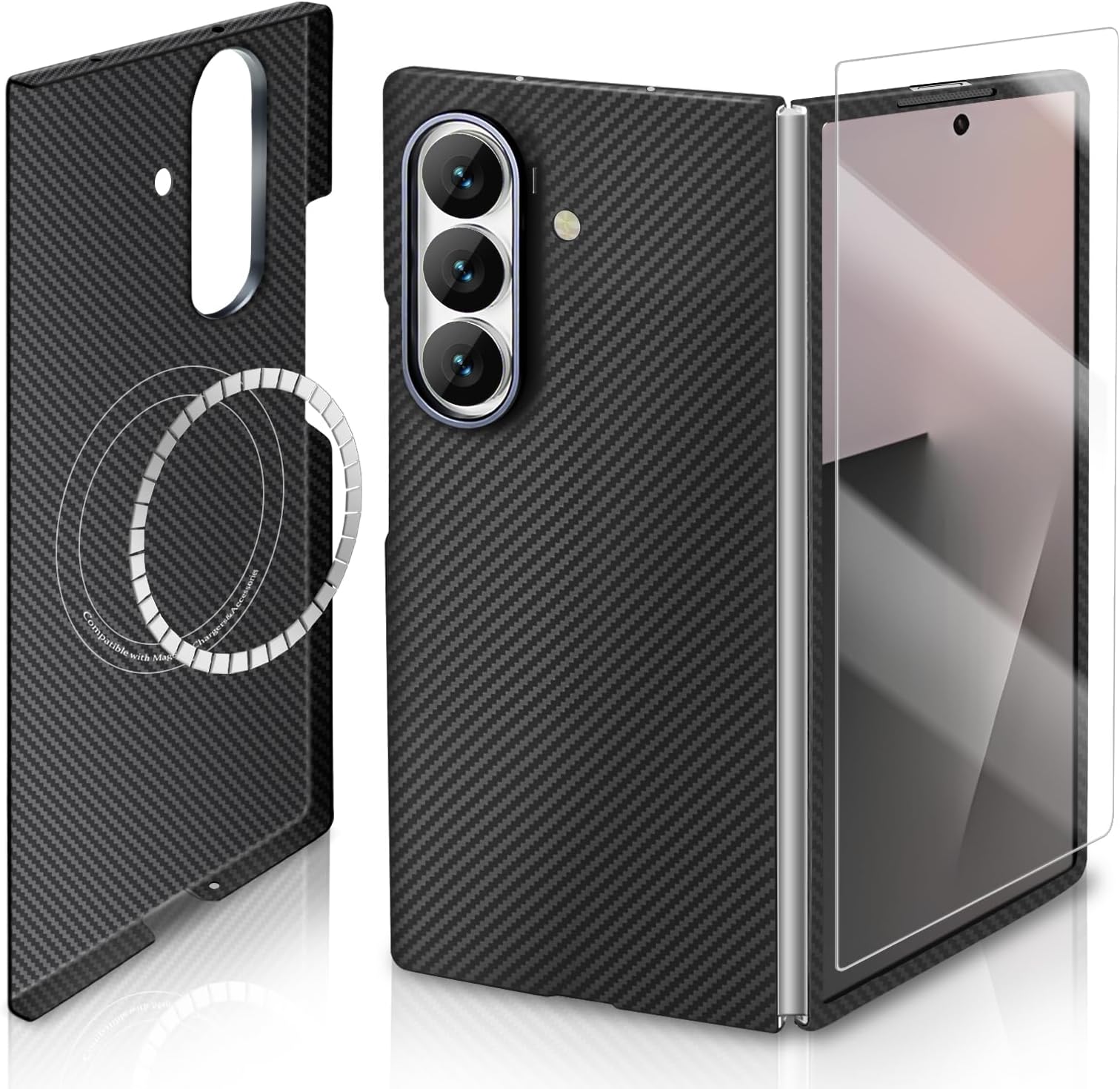 For Samsung Galaxy Z Fold 7 Case, 600D Carbon Fiber Z Fold 7 Case With Magsafe, 2x Screen Protector, Precision Full Camera Protection, Ultra-Slim Aramid Phone Cover Bare Touch Feeling (Matte Black)