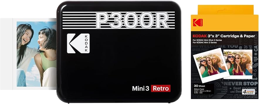 KODAK Mini 3 Retro 4PASS Portable Photo Printer 3" x 3" + Printer Main Unit with 8 Sheets + 60 Sheet Bundle, Black