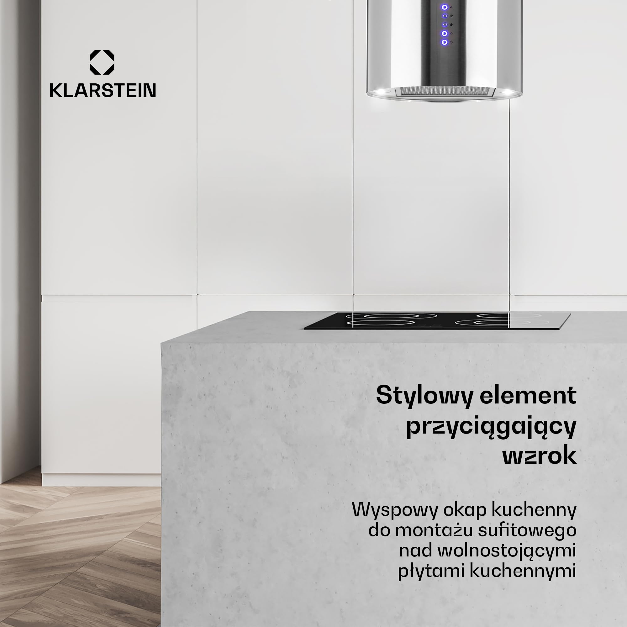 Klarstein Okap kuchenny, Okap wyspowy wiszący, wyciągowy/z recyrkulacją do montażu sufitowego, z 3 biegami, Timer, Przepływ powietrza 519m³/h i filtr węglowy