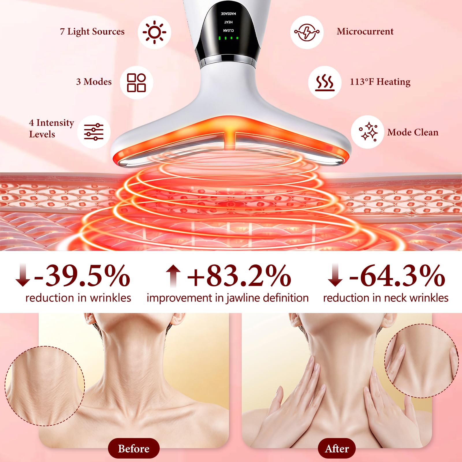 Urządzenie do masażu twarzy przeciwzmarszczkowe 3 tryby masażer lifting podwójny podbródek do twarzy terapia światłem Led 7 kolorów i EMS 45℃ przeciwstarzeniowy masaż uroda elektryczna maszyna do