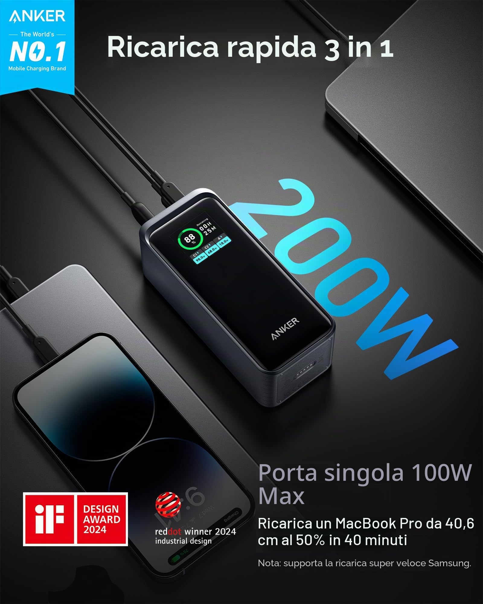 Anker Prime Power Bank, Caricabatterie Portatile da 72Wh con Uscita a 200W, Display Digitale, Compatibile con iPhone 16, Samsung, MacBook, Dell