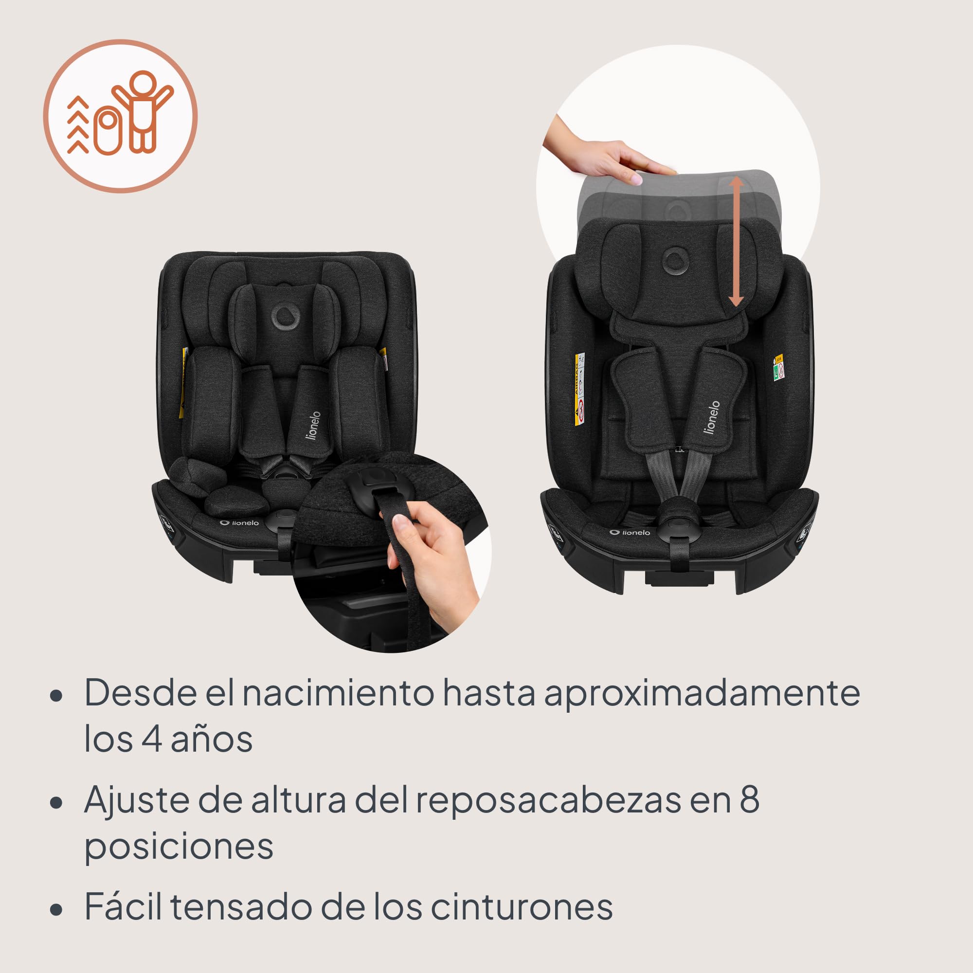 Lionelo Moxie Next i-Size Silla de Coche Para Niños Aprox. 0-4 Años (40-105 Cm), 0-18 Kg, Instalación Sobre Base Giratoria 360°, Protección Lateral SIP, Ajuste Del Reposacabezas Y De La Inclinación