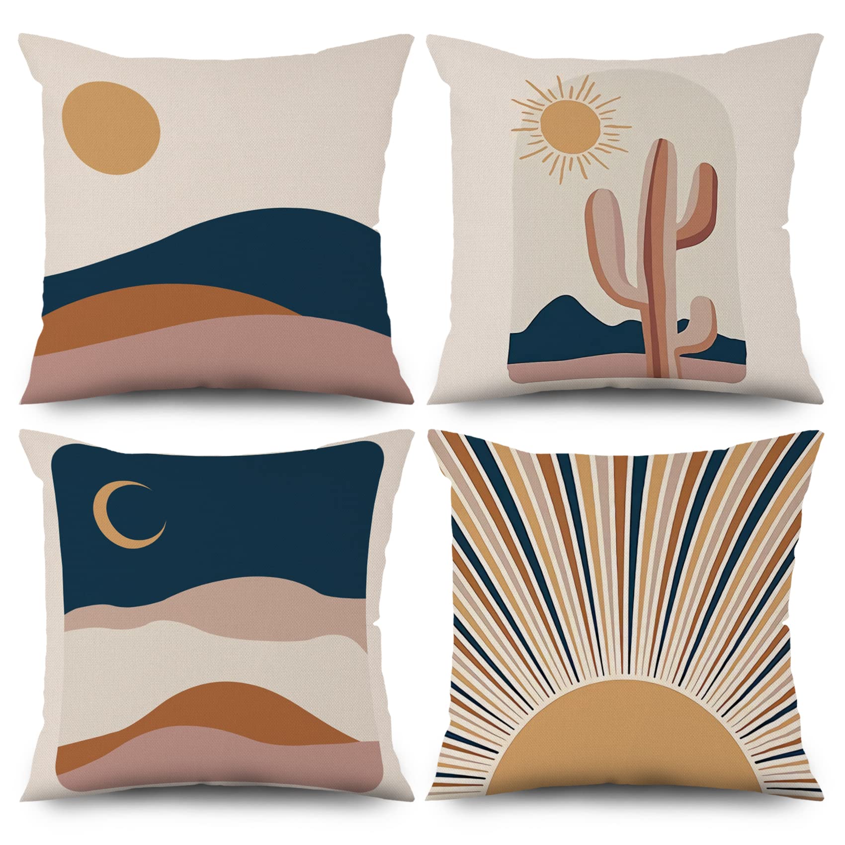 ASDCXZ Boho Cushion Set, 4pcs 50x50 cm Boho Abstract Art Sun Cactus Beige Navy Blue Sofa Deco Cushions, Washable Polyester Flax Textile Pillow Covers โ image 1