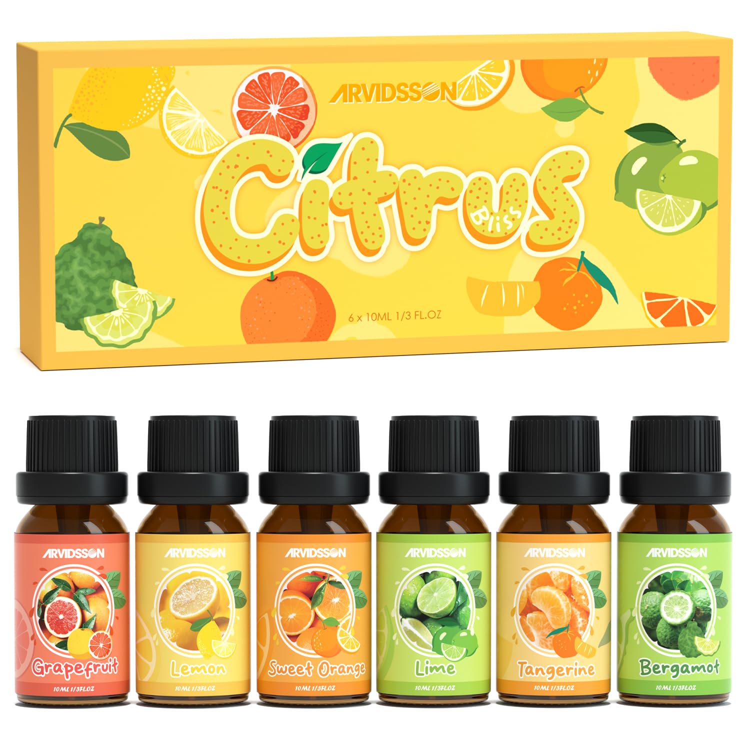 Citrus Essential Oils Set, ARVIDSSON Fresh Fruit Essential Oil for Diffuser, Grapefruit, Bergamot, Sweet Orange, Lemon, Lime, Tangerine, Citrusy Scented Oils Gift for Women