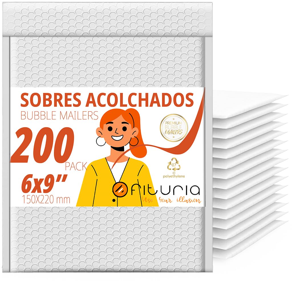 OFITURIA Buste imbottite con bolle 150x220 mm, polietilene bianco, buste per spedizione con chiusura adesiva forte, resistenti all’acqua, ideali per ecommerce e ufficio (200 pz)
