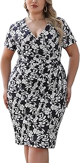 Nemidor Plus Size Dresses for Curvy Women Summer Casual Wrap Bodycon Midi Short Sleeve Pleated Dress 14-26 - Buy now
