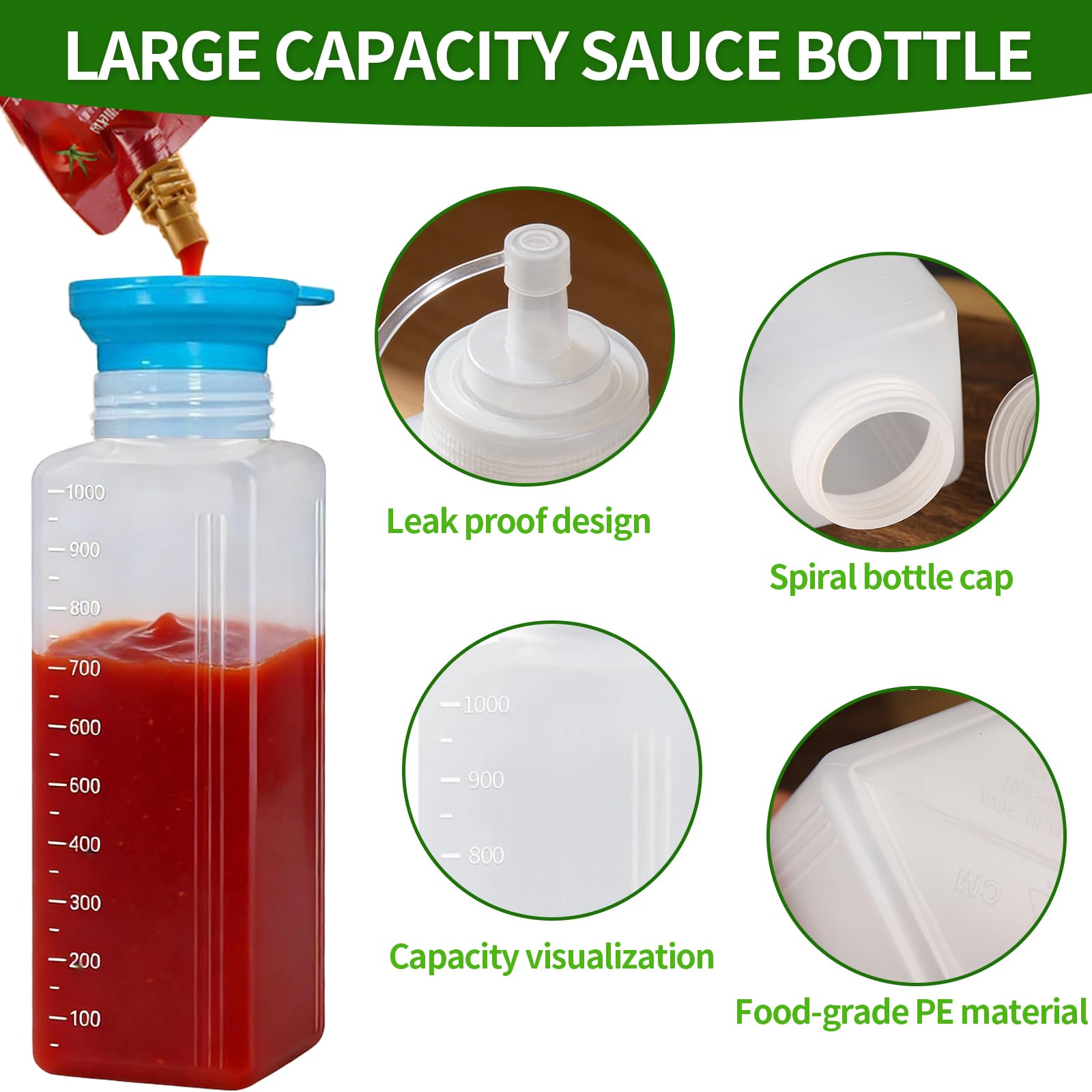 6 butelek wyciskających, szerokie usta, 1000 ml, butelka sosu z 2 szczotkami do butelek i 2 lejkami, butelka dozująca do keczupu, gorących sosów, grillowania, sosów sałatkowych, oleju