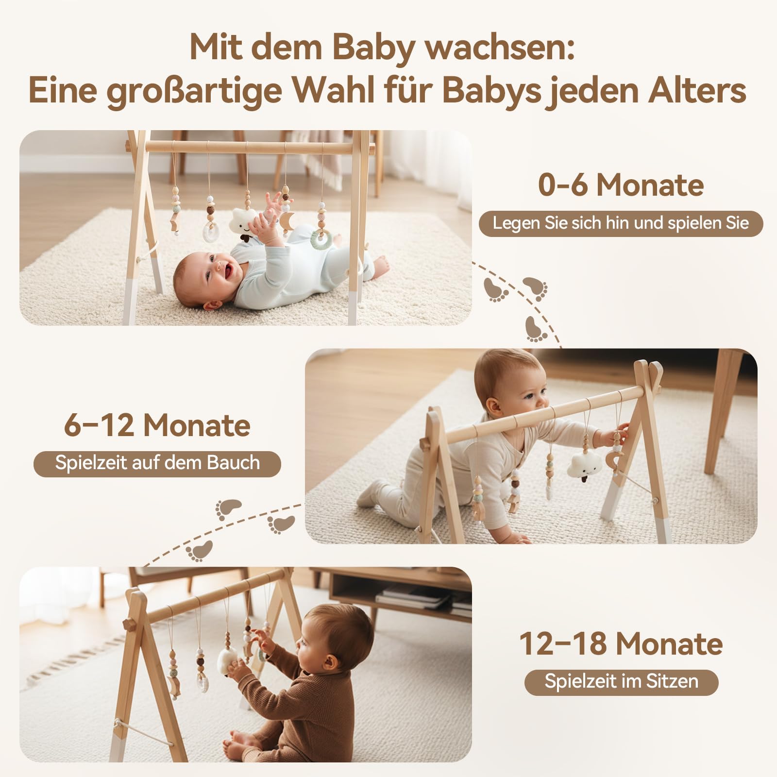 let's make Spielbogen Baby Holz- Montessori Spielbogen mit 5 abnehmbaren Sensorischen Spielzeugen, Faltbar Baby Gym Activity Center, Neugeborenes Geschenk für 0-18 Monate (Style B)