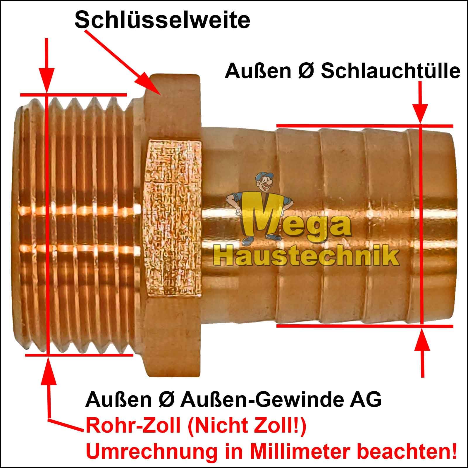 MegaHaustechnik Schlauchtülle Außendurchmesser 38mm für 1 1/2 Zoll Wasserschlauch, mit 1 1/2 Zoll Außengewinde AG AußenØ 48mm, Gewindefitting aus Messing Trinkwasser geeignet Schlauchanschlußstück