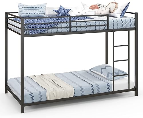 Miniatura 6 de GOFLAME Litera de tamaño individual sobre individual, litera con marco de metal con escalera y barandilla de protección, marco de cama con listones