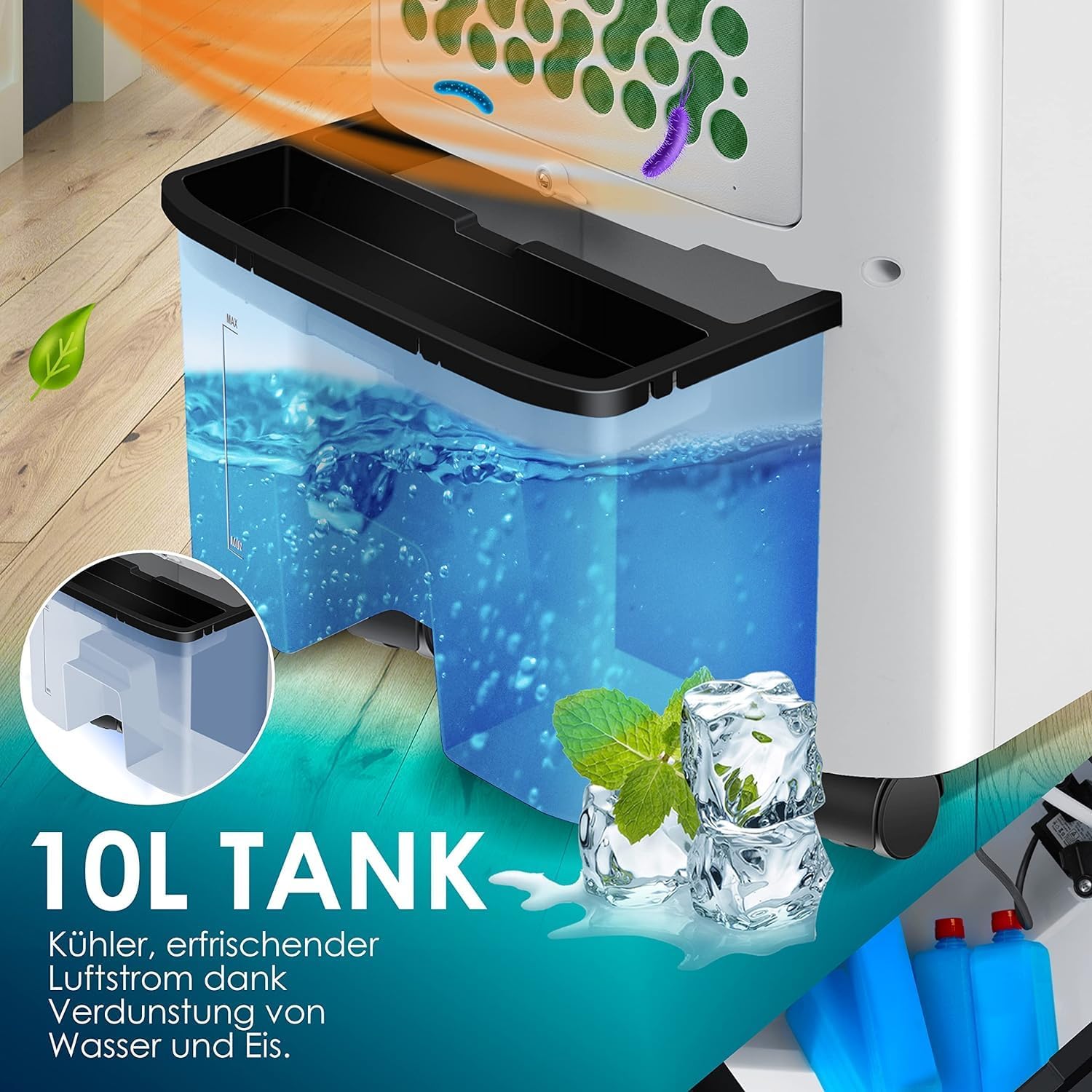 KESSER® Mobile Klimaanlage 4in1 Luftkühler – Air Cooler mit Fernbedienung & Timer, 10L Wassertank, Ionisator & Luftbefeuchter, Ventilator Klimagerät ohne Abluftschlauch, 3 Stufen inkl. Kühlakkus