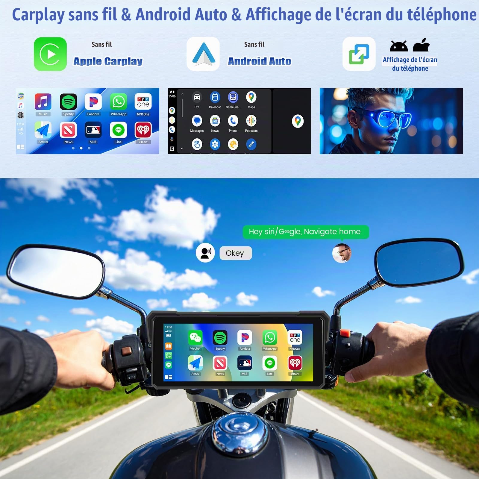 CAMECHO Carplay Moto 8.1 Pouces avec Android Auto, IP68 Waterproof, Ecran Carplay Moto avec Bluetooth Airplay Android Cast EQ Sound Large Adaptabilité +1600 * 600 HD