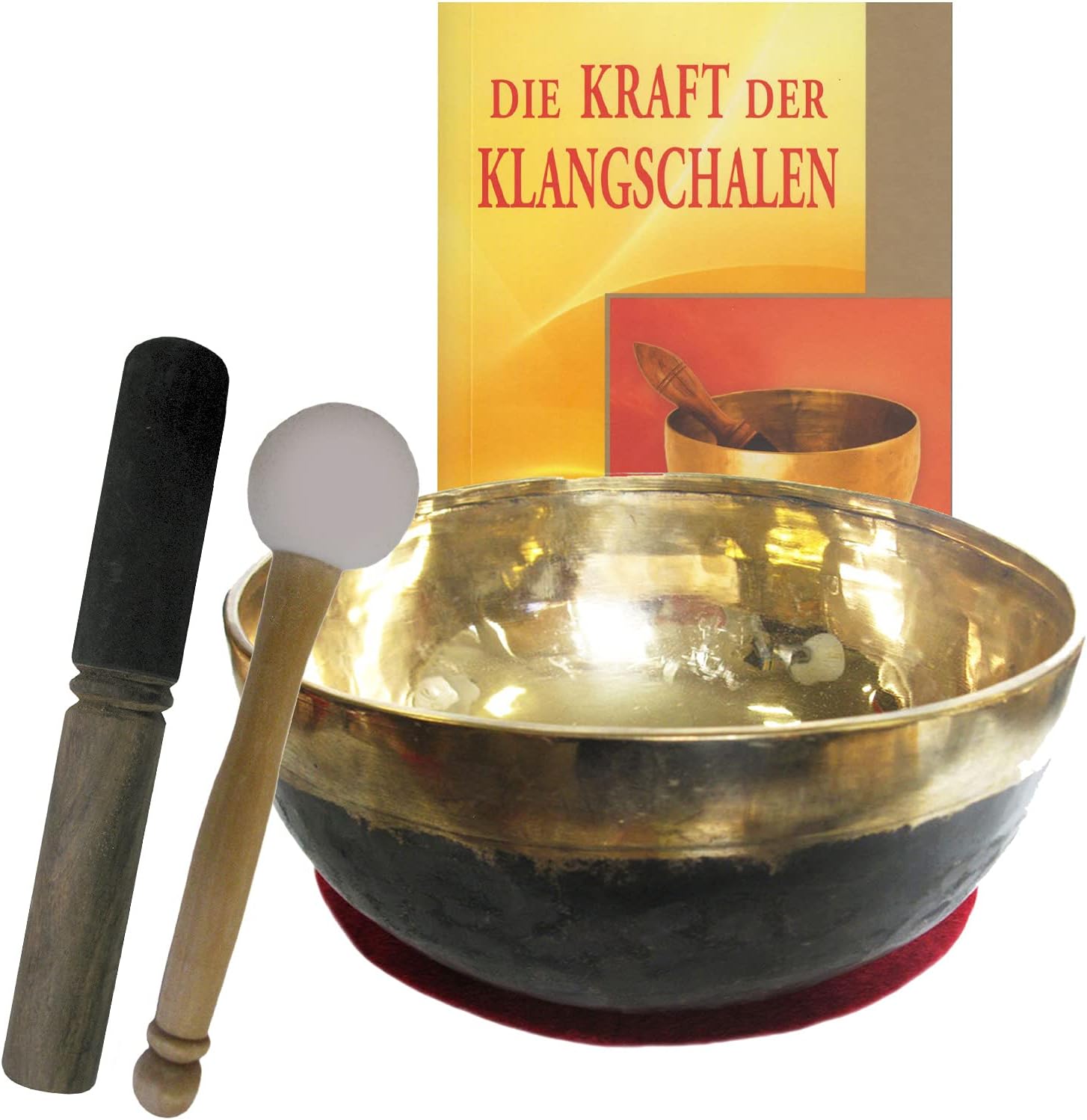 Singing Bowl Bengali Gold Black 4-Piece Massage Set with Book Therapy Quality: Children's Harmony Singing Bowl | 400 – 500 g Diameter Approx. 12-13 cm # Raindrops Cushion Wooden Leather Beater.