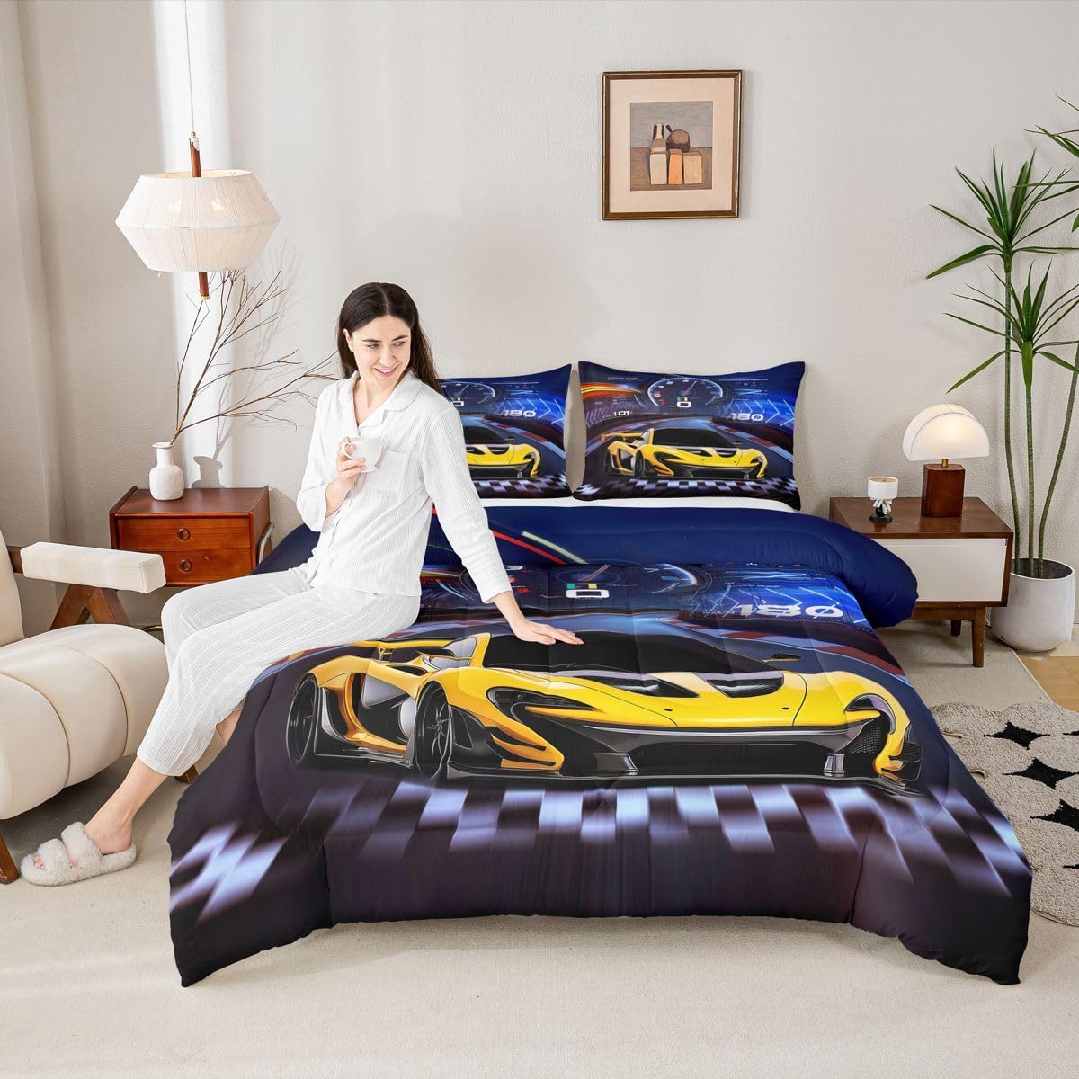 Feelyou Blue Yellow Sports Bedding Set - Race Car Comforter Set for Kids - Twin Size with 1 Comforter Set and 1 Pillowcase