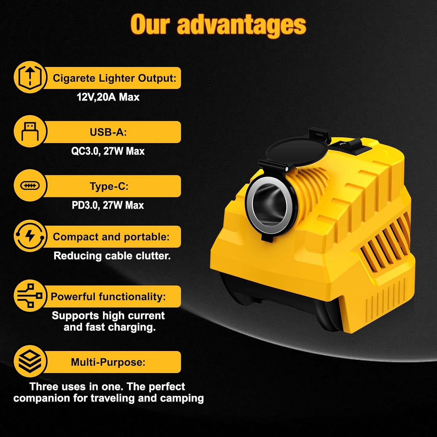 for Dewalt 20V to 12V Step-Down Converter Power Battery Adapter Wheel, DC 12V 20A 240W, Suitable for Most 12 Volt in-Vehicle Devices