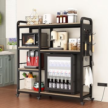 Bakers Rack with Power Outlet ,6-Tier Kitchen Bakers Rack,Microwave cart,Microwave Stand with Storage Suitable for Kitchen, Living Room, Dinning Room,Coffee Bar6-Wheels&9- Hooks Grey