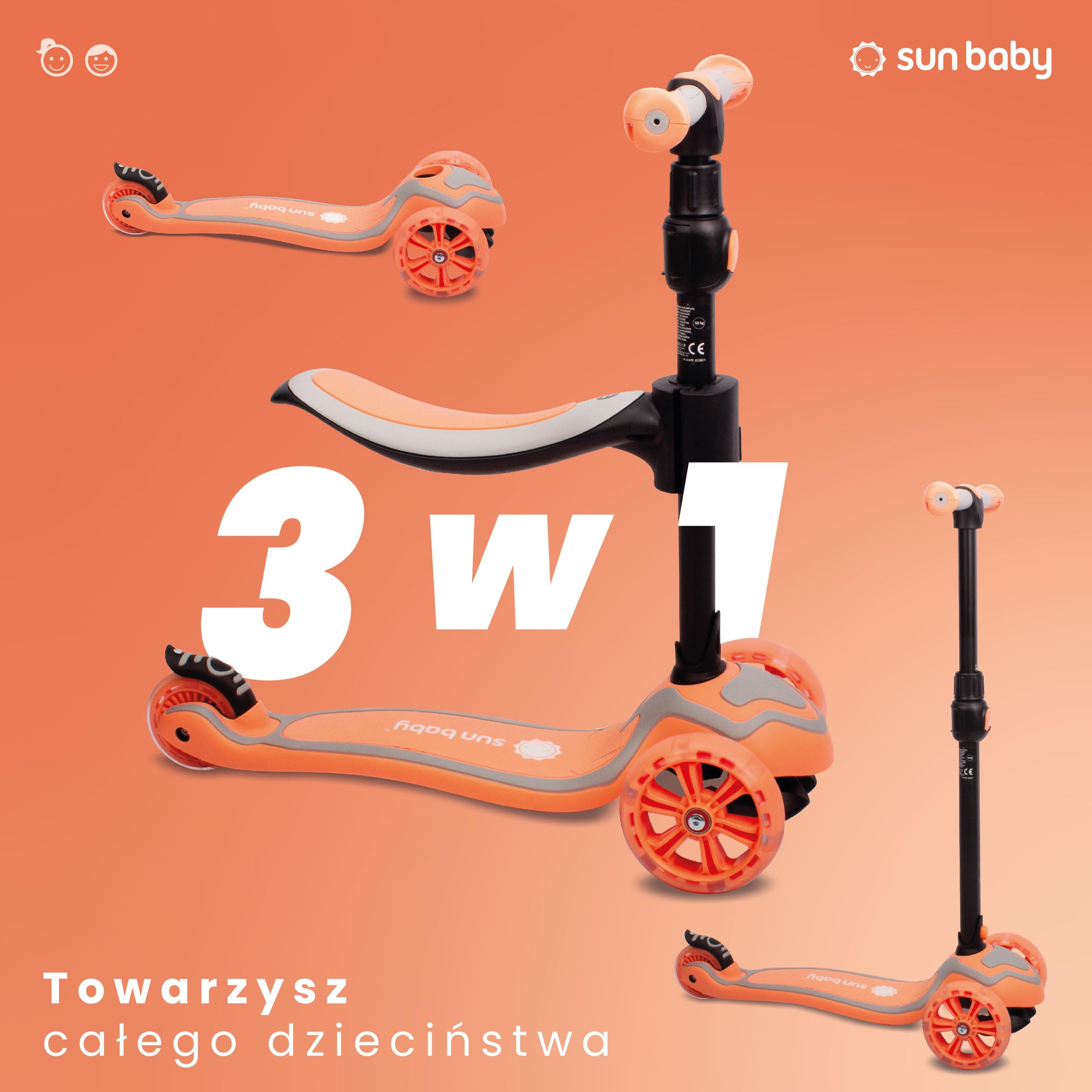 SUN BABY Hulajnoga 3-Kołowa dla Dzieci od 3 Roku Koła LED Regulowana | regulowana kierownica, skuter dziecięcy, stabilna konstrukcja, zabawa na świeżym powietrzu, rozwój równowagi