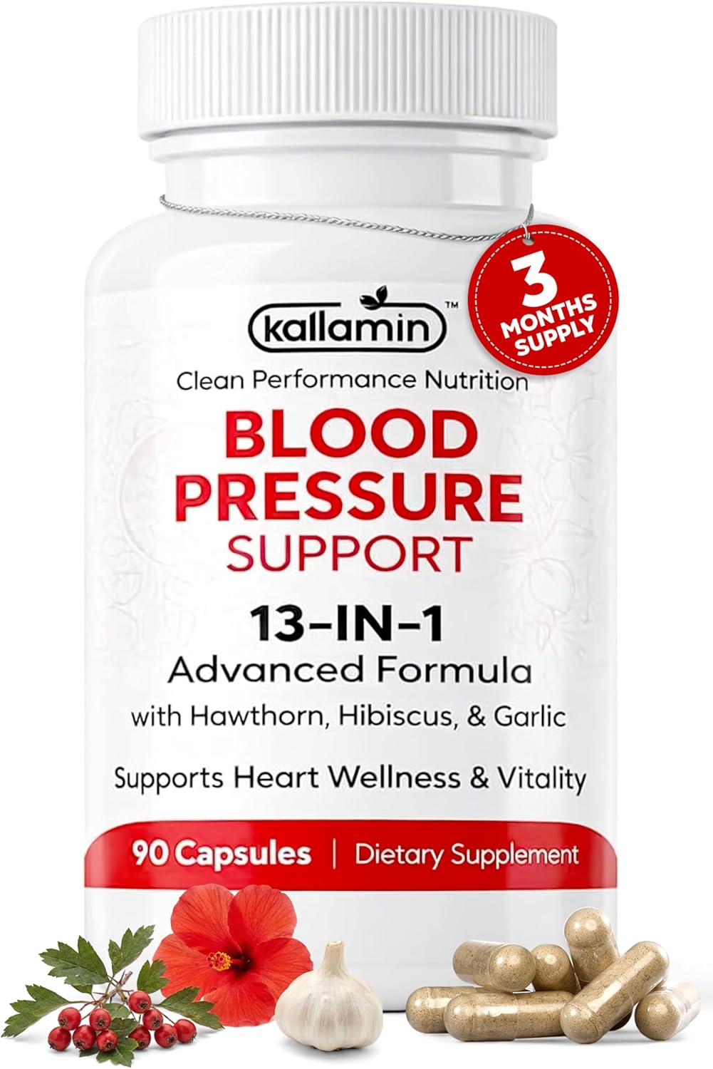 Blood Pressure Support Supplement - Circulation Support & Heart Health Supplements - 13-in-1 Formula with Hawthorn Berry, Hibiscus & Garlic Supplements - 90 Capsules (3-Month Supply)
