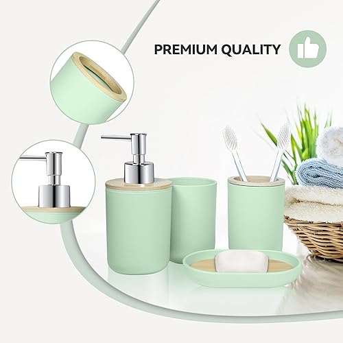 Miniatura 6 de Juego de 4 accesorios de baño verdes, accesorios de baño verdes, dispensador de jabón de plástico y soporte para cepillos de dientes, jabonera y