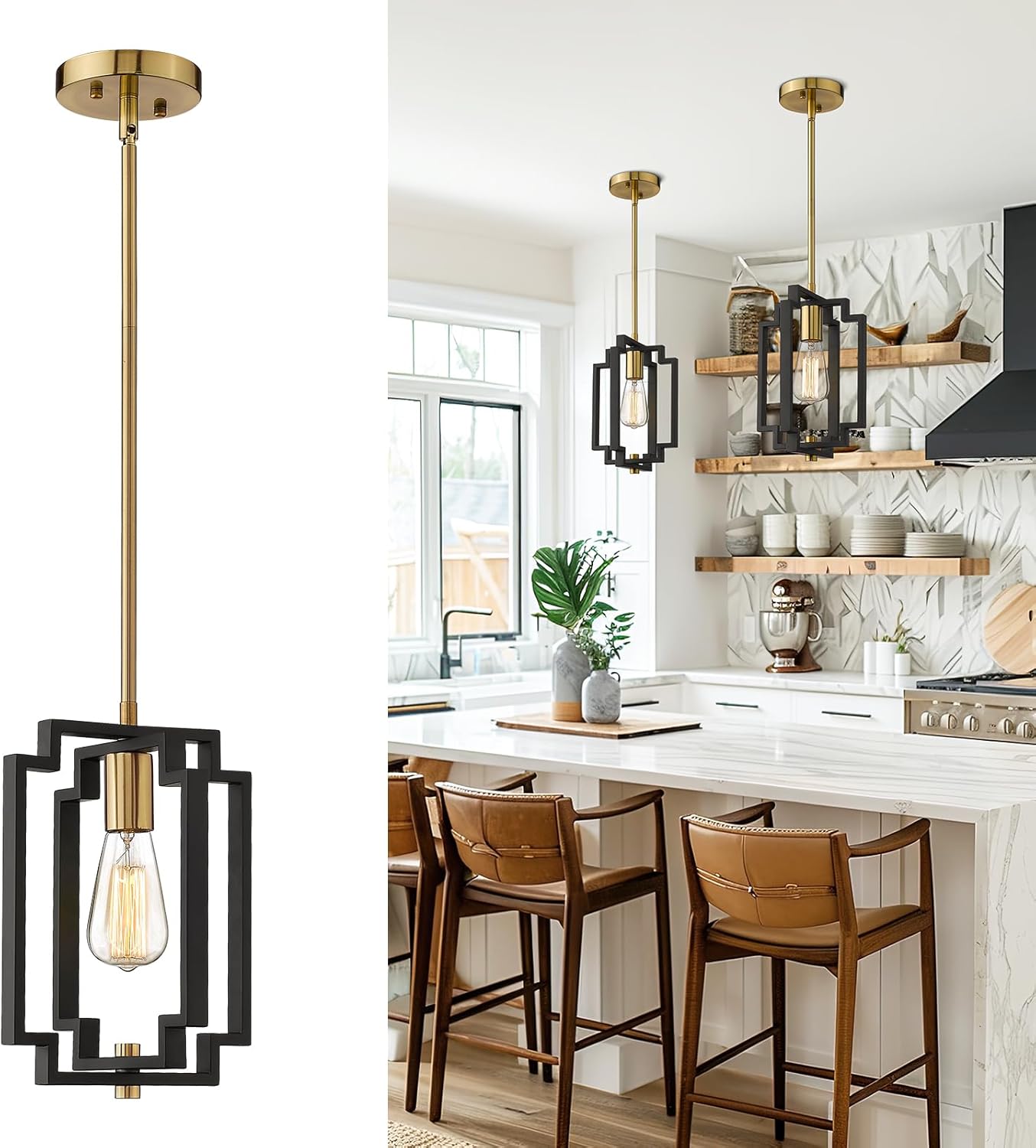 Emliviar Industrial Pendant Light, 1-Light Kitchen Hanging Light Fixture Adjustable, Black and Gold Finish, JE1981M1L BK+G