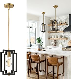 EMLIVIAR Industrial Pendant Light for Kitchen Island - Adjustable Black Gold Hanging Fixture, JE1981M1L BK+G, 45" Rod