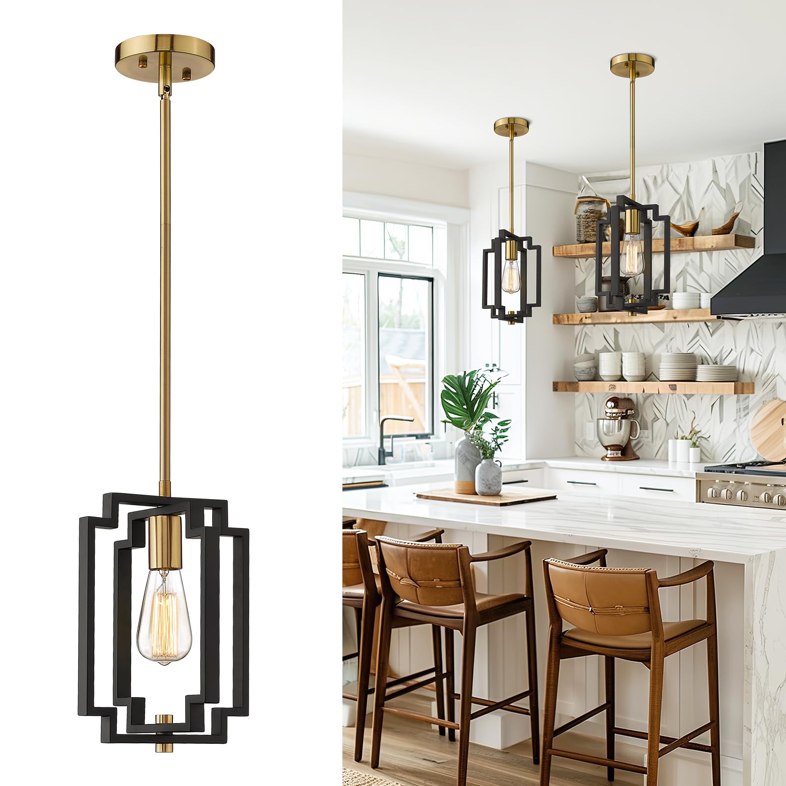 Emliviar Industrial Pendant Light, 1-Light Kitchen Hanging Light Fixture Adjustable, Black and Gold Finish, JE1981M1L BK+G