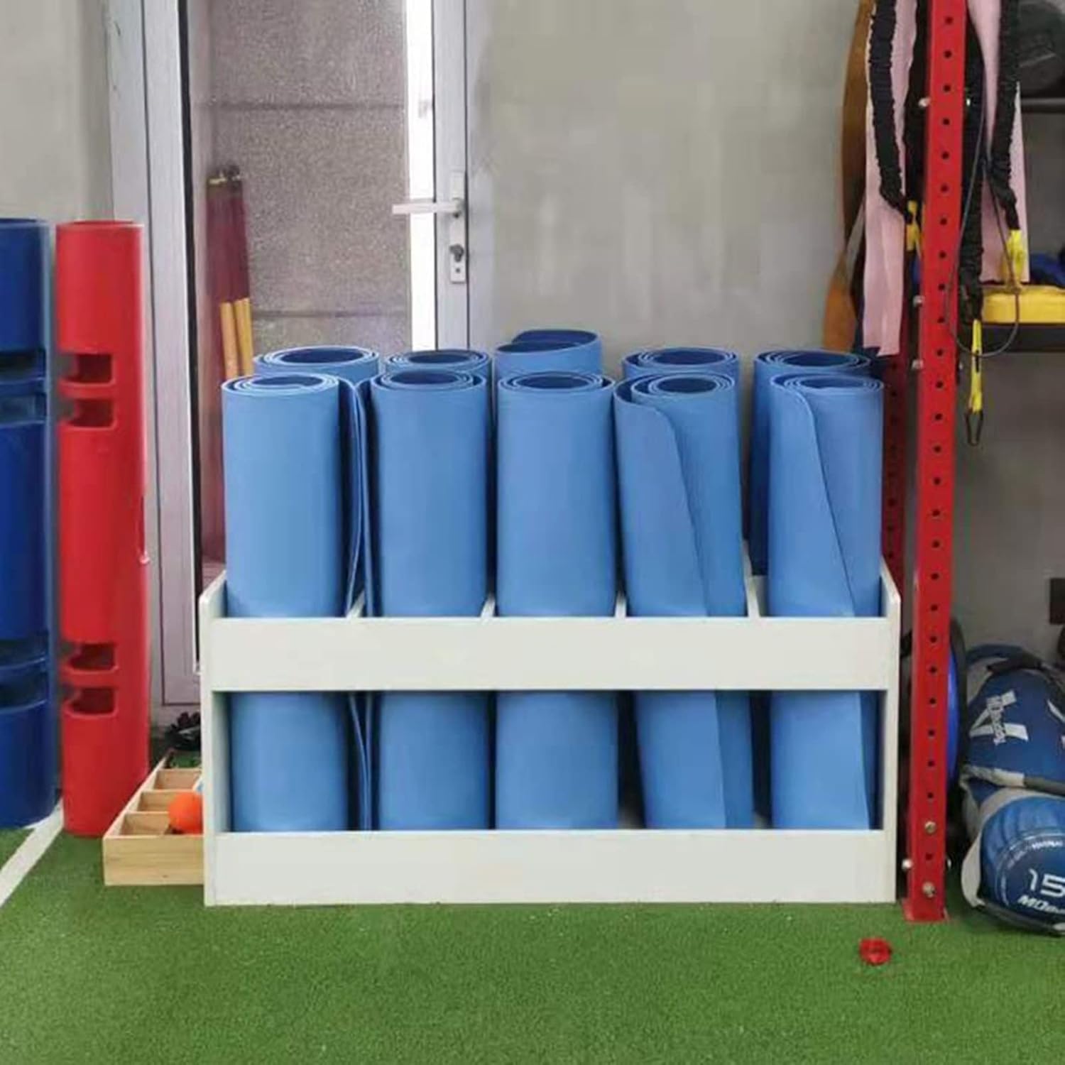 RENLXFI Wooden Foam Roller Holder, Space Saver Workout Storage for Yoga Mat, Freestanding Fitness Gear Organizer, for Home Gym Yoga Studio (Color : White) : Sports & Outdoors