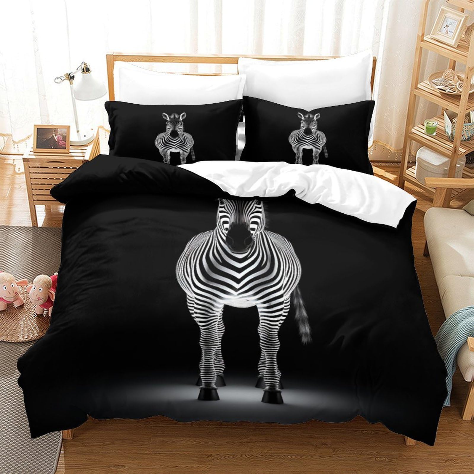Housse de couette 3 pièces imprimé zèbre 3D grand lit 260x220cm