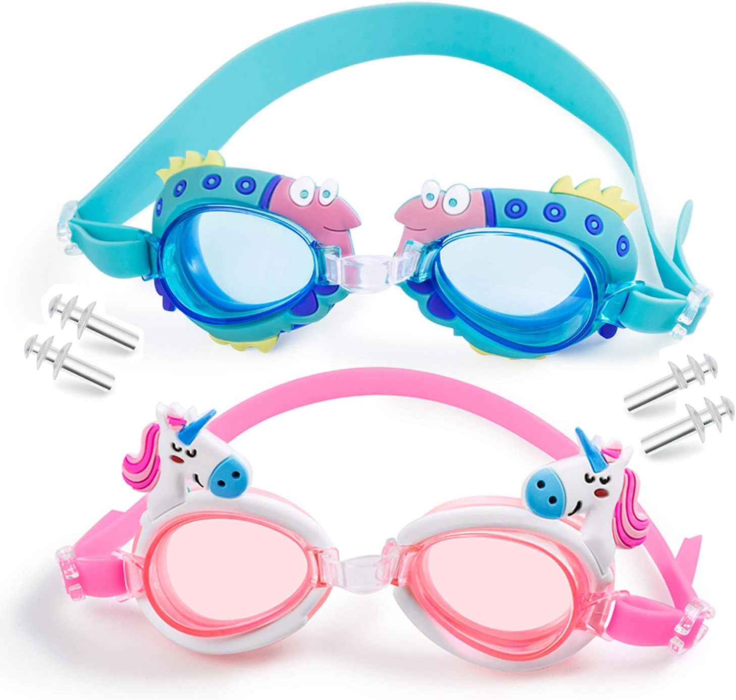 MOOKLIN Kids Swimming Goggles, 2pcs Toddler Youth Swim Goggles Anti Fog Premium UV Protection with Adjustable Nose Bridge, Head Strap and Earplugs for Juniors, Boys, Girls and Children Age 3-13