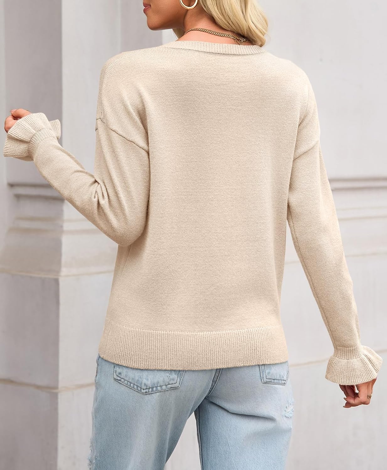 Saodimallsu Womens Fall Crew Neck Sweaters Ruffle Long Sleeve Lightweight Soft Knit Casual Pullover Top - Image 6