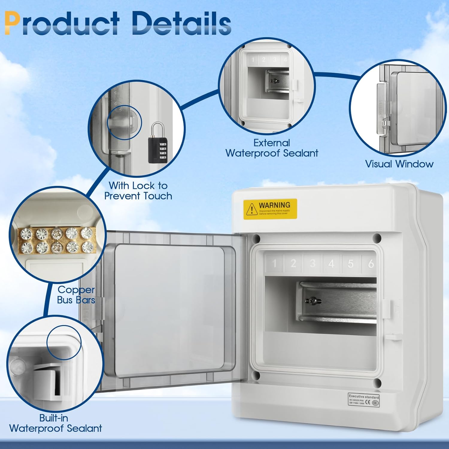 Outdoor Circuit Breaker Panels, Sub Panel Breaker Box with Clear Cover, Bus Bars and DIN Rail for Indoor and Outdoor (SH-6WAY)