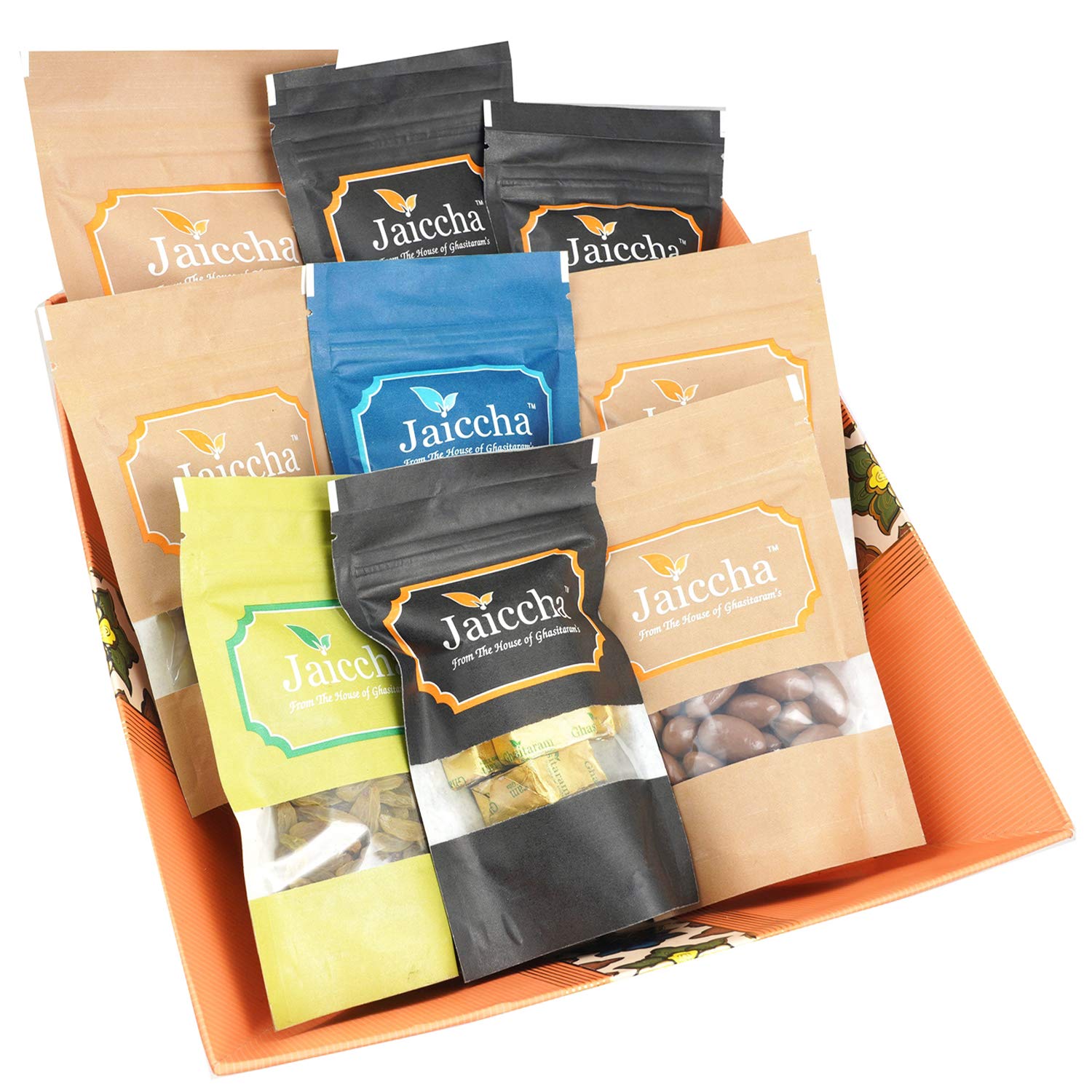 Jaiccha Ghasitaram Christmas Gifts Big Basket of Best 9 Almonds, Raisins, Banarsi Flavoured, MEWA Bites, Crunchy Coated Cashews , Chocolate Almonds, Butter Chakli, Mango Bites and Sugarfree Bites