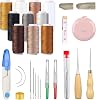 36Pcs Waxed Thread Leather Sewing Tools, Sewing Awl Seam Ripper Craft Tools and Supplies, Heavy Duty Upholstery Repair Kit with Finger Protector, Hand Stitching Needles Kit for Beginners Canvas DIY