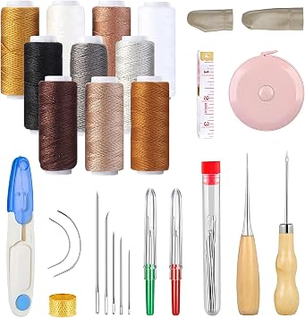 36Pcs Waxed Thread Leather Sewing Tools, Sewing Awl Seam Ripper Craft Tools and Supplies, Heavy Duty Upholstery Repair Kit with Finger Protector, Hand Stitching Needles Kit for Beginners Canvas DIY