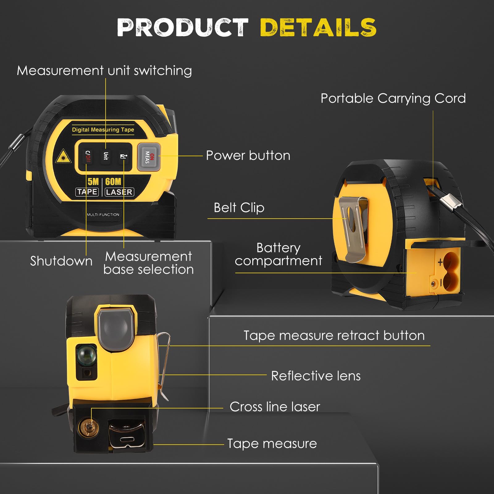 Laser Distance Meter 196ft – Digital Laser Measuring Tool With LCD Backlit Display, Area Volume Pythagorean, ±2mm Accuracy, Class II, Electronic Tape Measure For DIY Construction – AAA Battery Powered - View #11