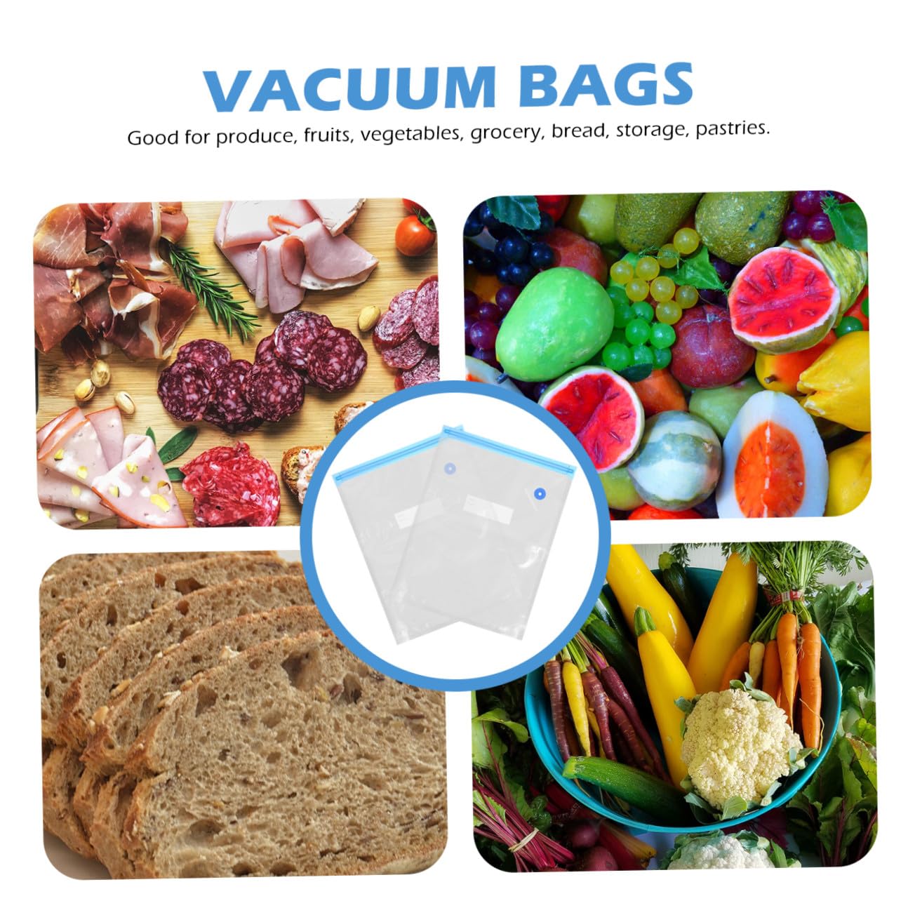 Bolsas de Almacenaje Vacío Reutilizables con y Clips para Alimentos Frescos Verduras y Carne Sellado Seguro para Refrigerador y Congelador