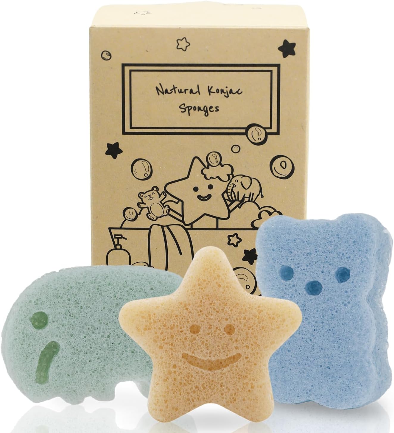 myHomeBody Konjac Sponge, Bath loofah, 3pc, Elephant, Bear & Star | Natural Safe Plant-Based, Cute Shapes Bath Sponge for bathing, Shower Sponge for bath, Body Loofah, Shower Loofah, Face Luffa