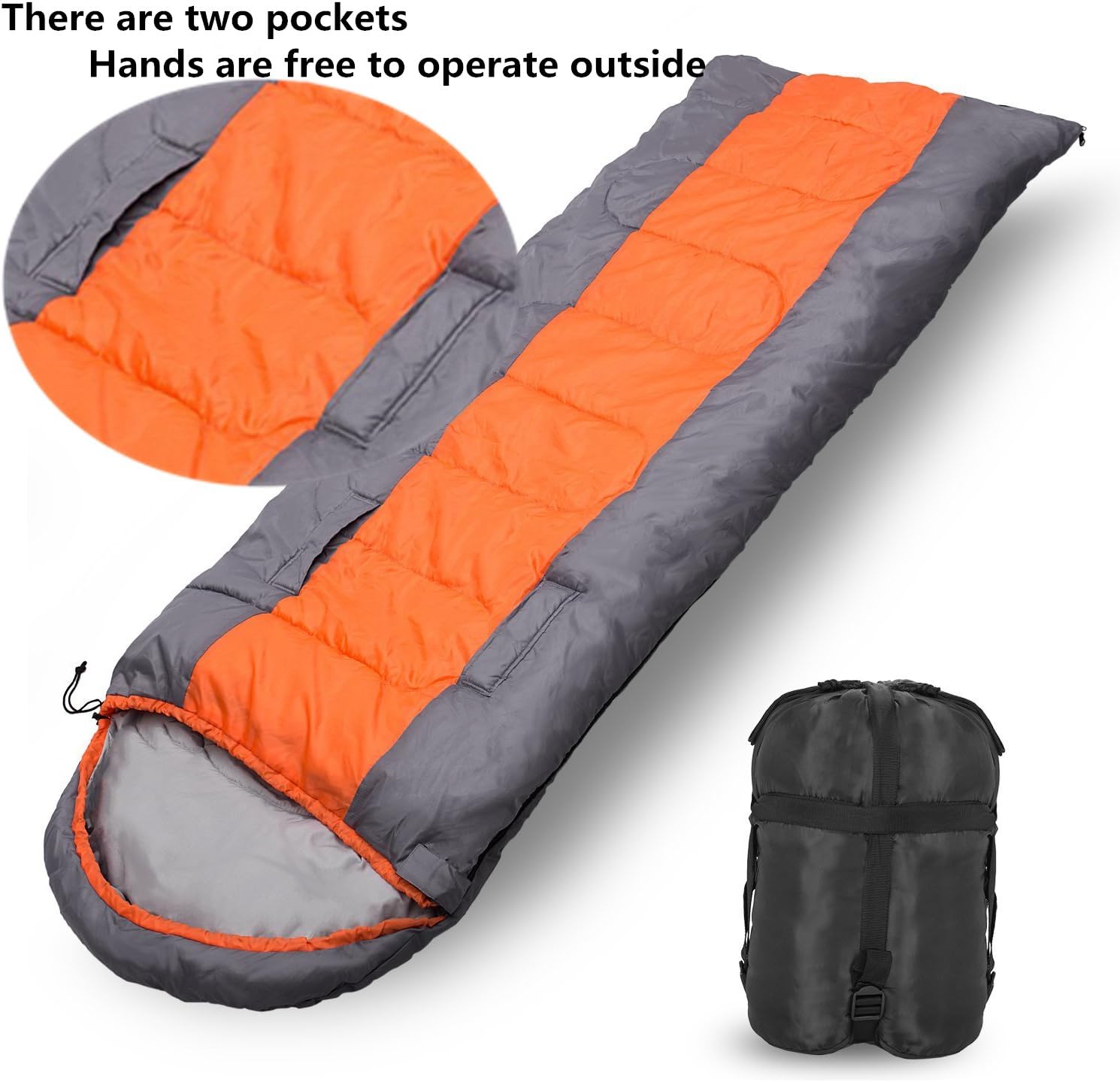 CHMY 3 Season Sleeping Bag, Envelope Shape with Hood for Camping Hiking Trekking(5ºC ~20ºC), Hands Can be Reached out, Waterproof Shell & High-Loft Fill Construction, (180+30)x75cm
