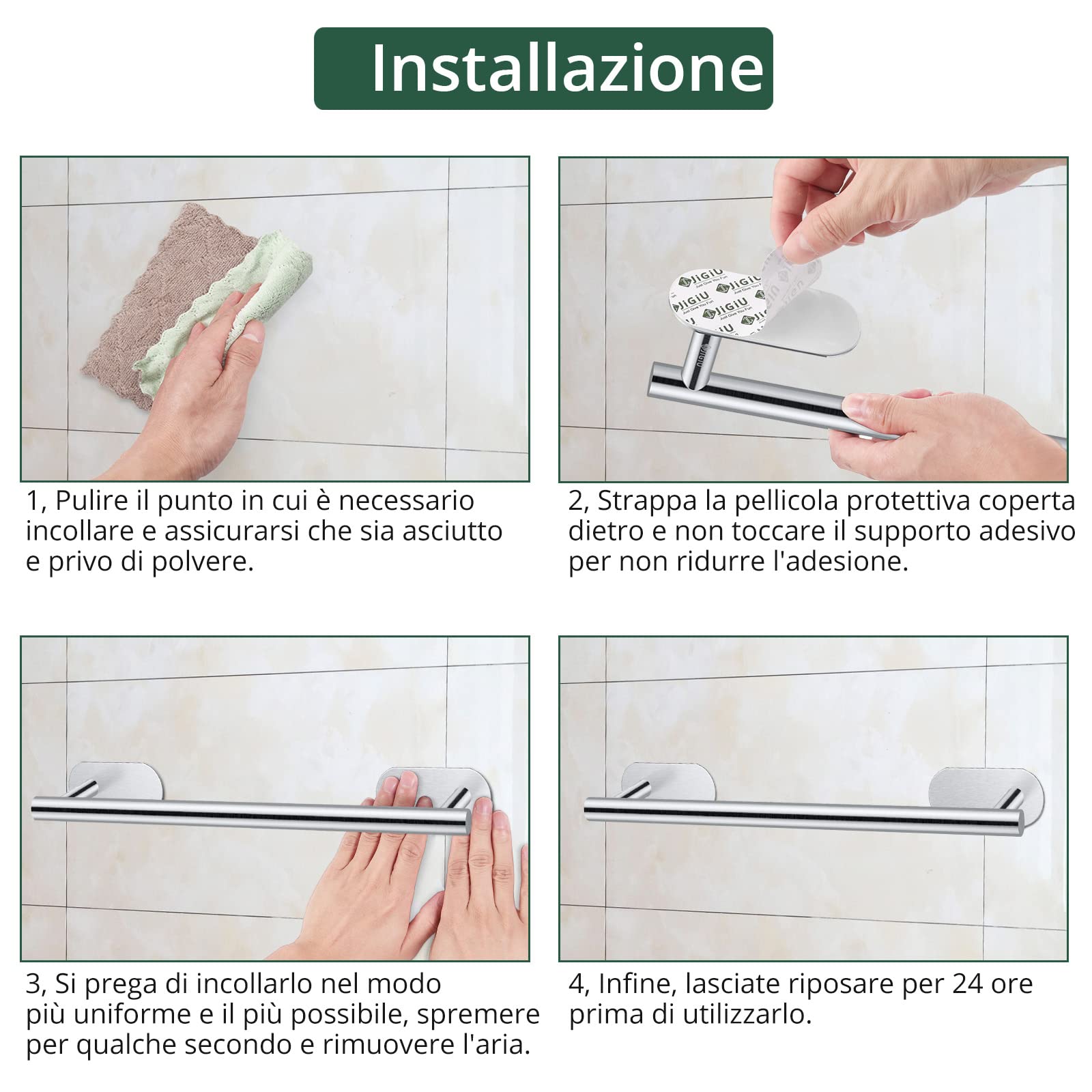 JiGiU Set Porta Asciugamani 5 Pezzi per Bagno, Cucina e Camera - Accessori in Acciaio Inox 304 con Porta Carta Igienica e 3 Ganci Adesivi, Design Moderno Senza Trapano (40cm, Grigio Spazzolato)