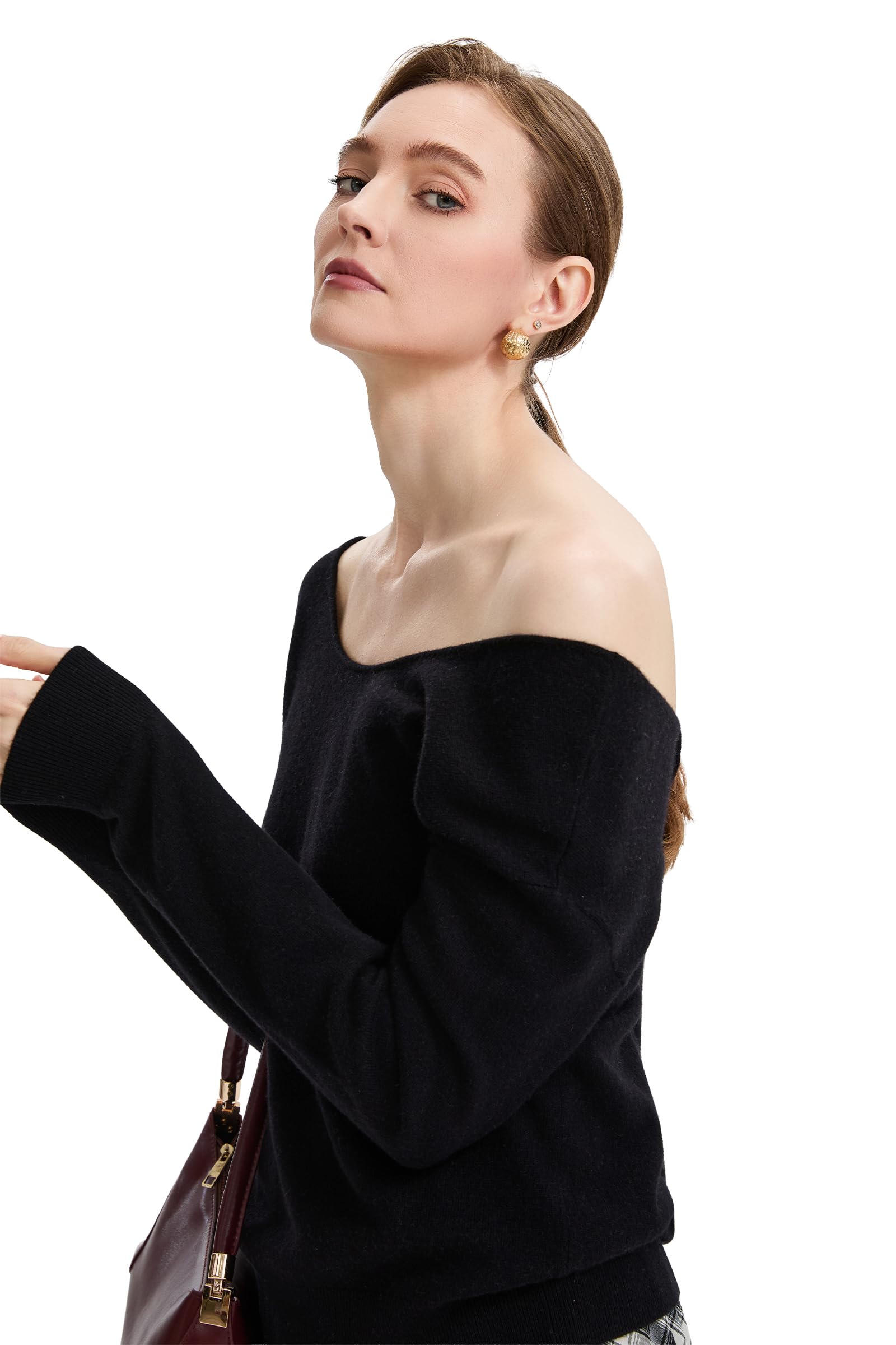 Damen Pullover 100% Merinowolle mit wendbarem U-/V-Ausschnitt | 2-wege,Wendepullover,Elegant,Wollpullover,Off-shoulder,Feinstrick,Langarm,Oversize, Herbst, Winter, Casual,Klassisch oberteil