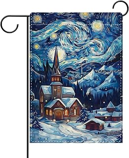 Dyrenson Winter Starry Night Decorative Garden Flag, Painting Art Yard Outside Home Decoration, Christmas Snowy Village Burlap Outdoor Small Decor Double Sided 12 x 18
