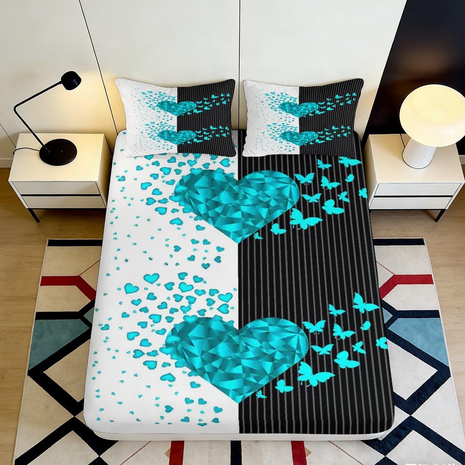 3D Printed Blue Heart Butterfly Fitted Sheet Microfiber Soft Decor for Bedroom Guest Room Mattress Cover 160x200x25cm