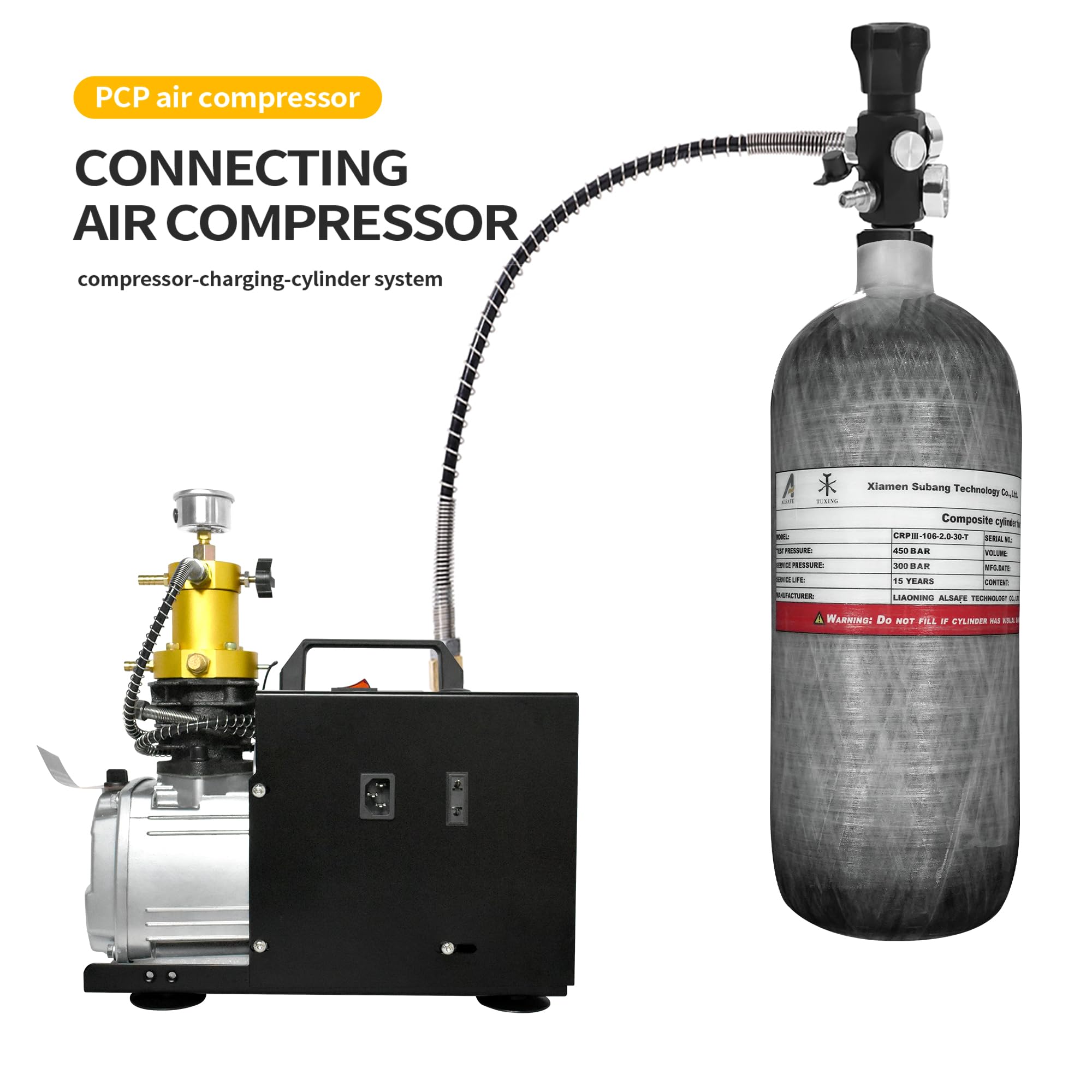 TUXING Réservoir d'air HPA en fibre de carbone 4500 psi, 2 L 122 Cu avec valve de régulation de remplissage PCP pour carabine à air comprimé PCP (bouteille vide), M18 x 1,5