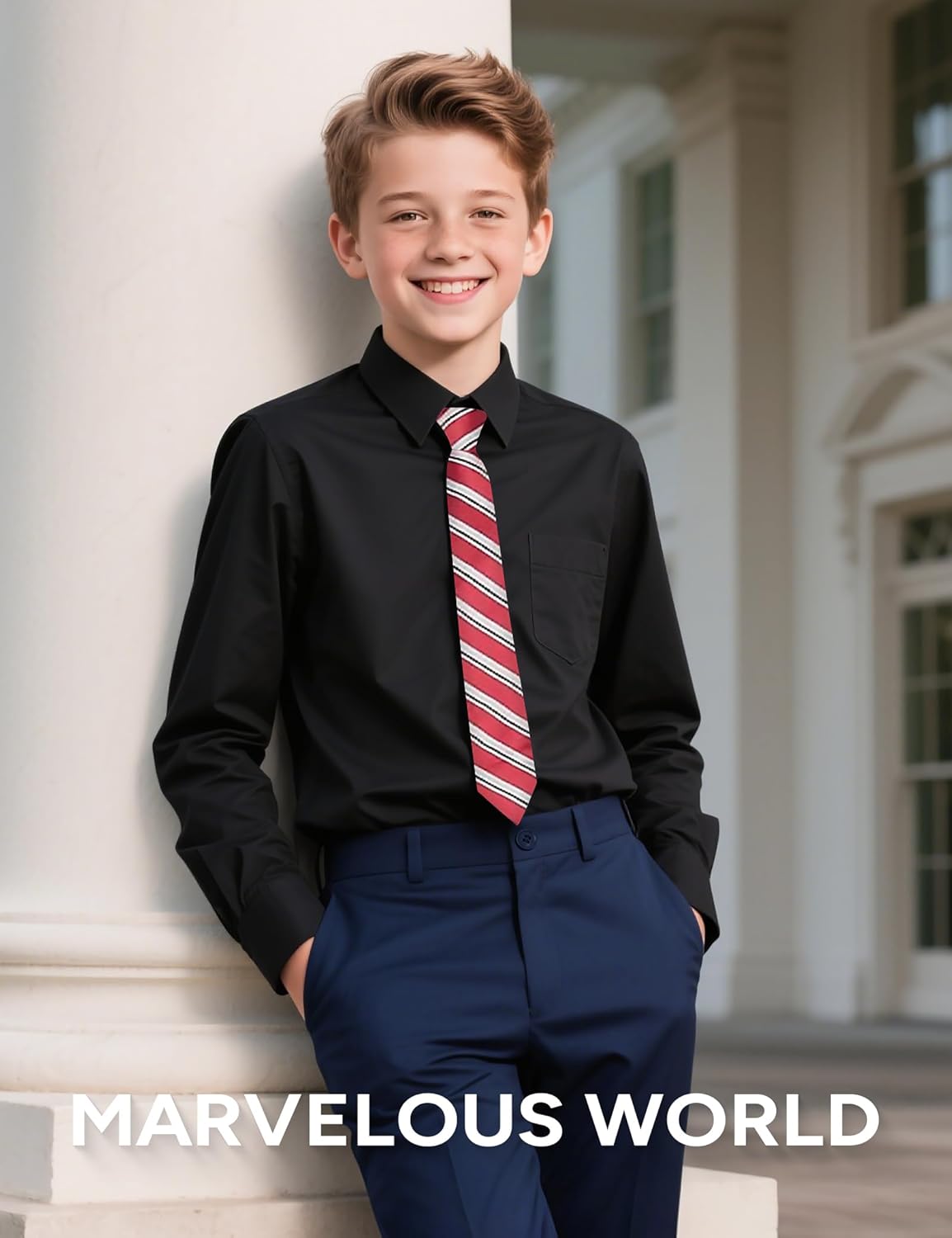 Marvelous World Boys' Long Sleeve Dress Shirt, Casual & Formal Kids Dress Shirt, Button Down Cuff with Chest Pocket - Image 3