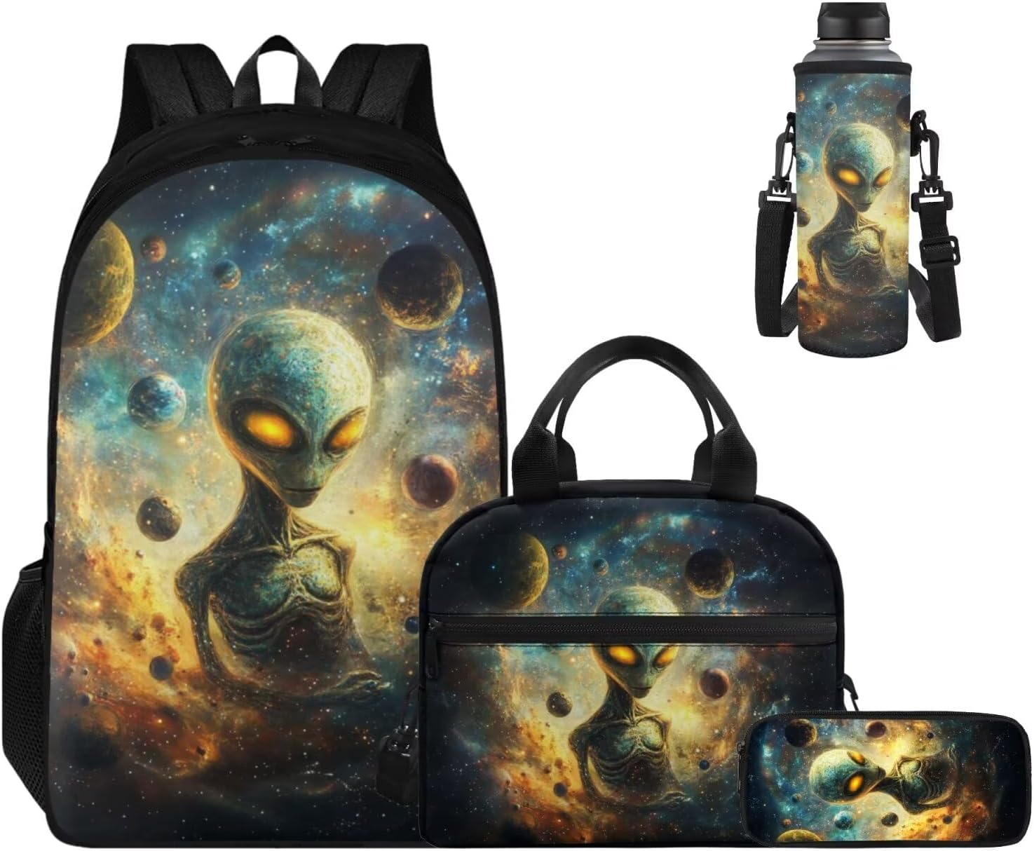 Space Alien Backpack for Kids Boys Backpack with Lunch Box Water Bottle Bag and Large Pencil Pouch 4 Pcs Set 17 inch Bookbag with Compartments for School Large Capacity Elementary School Bag