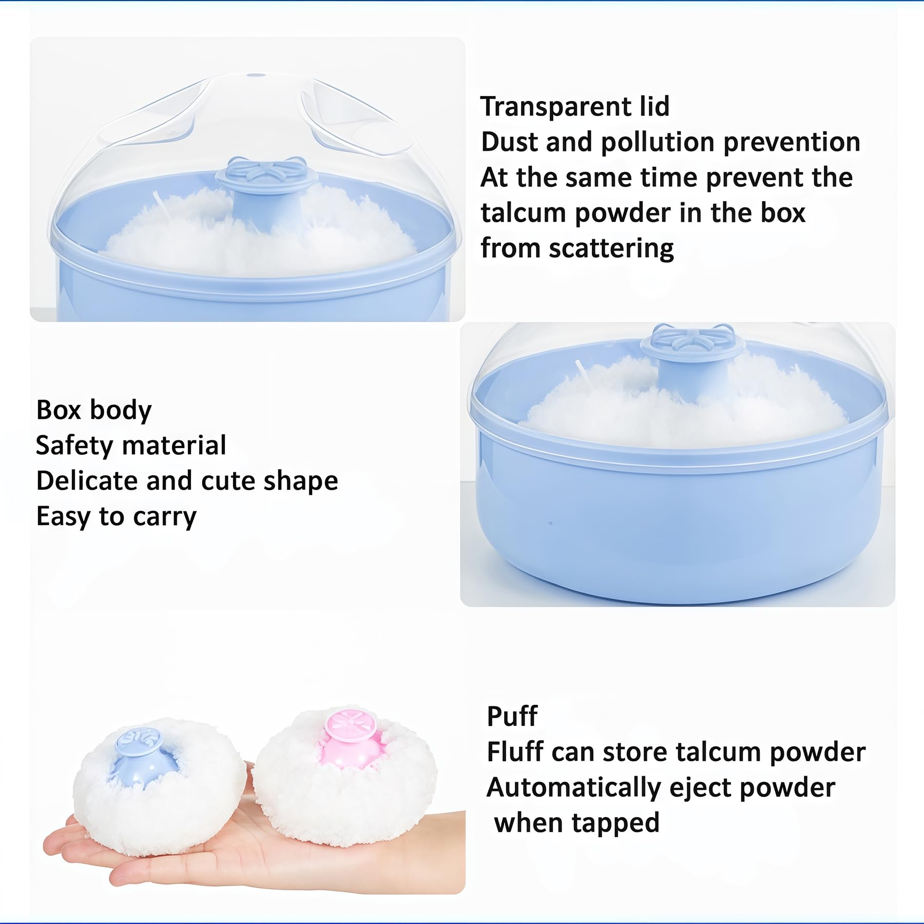 2PCS (blu + rosa) di plastica per la cura della pelle del bambino dopo lo sciolto caso polvere in polvere per il corpo fronte talco contenitore stoccaggio trucco con soffio di spugna morbida