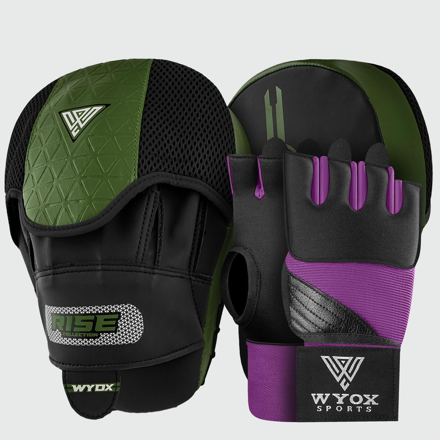 WYOX Gel Boxing Hand Wraps & Curved Focus Mitts Bundle for Men & Women Adults – 80cm Wrist Straps, Padded Knuckle Support, Neoprene Inner Glove Gel Padding, MMA Muay Thai Kickboxing Training Pads