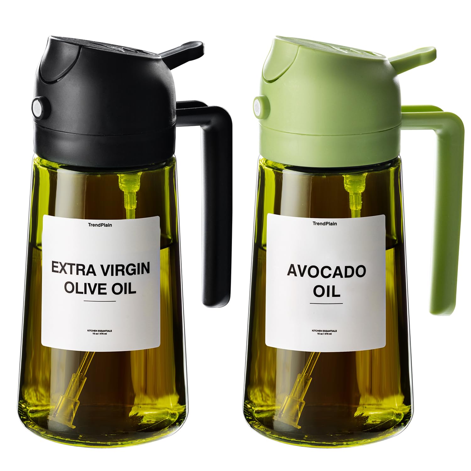 TrendPlain - Original 16oz/470ml Olive Oil Dispenser Bottle for Kitchen Gadgets and Air Fryer Accessories - Olive Oil Sprayer for Cooking w/Stickers - Black&GreenGlobal Recycled StandardGlobal Recycled StandardGlobal Recycled Standard